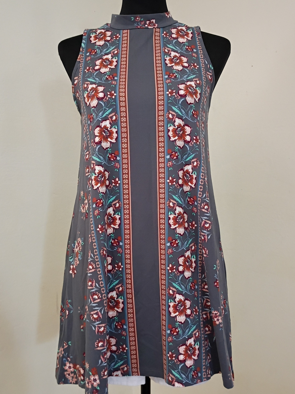 HeartSoul Floral Stripe High-Neck Swing Dress in Gray and Burgundy